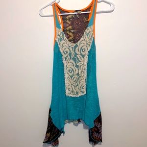 XS Gimmicks by BKE Turquoise Orange Lace Sleeveless Flowy Top